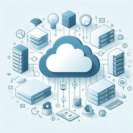 Cloud computing technology concept. Data storage, cloud computing, data center, server. Vector...