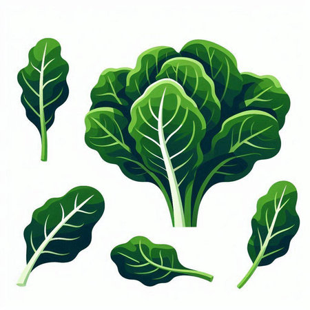 Set of green lettuce leaves isolated on white background. Vector illustration.
