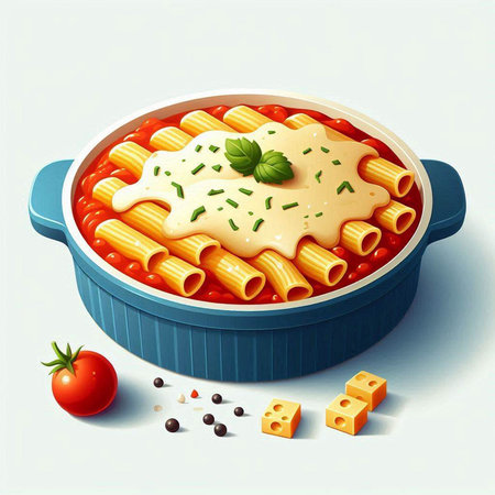 Illustration of pasta with tomato sauce in a blue casserole