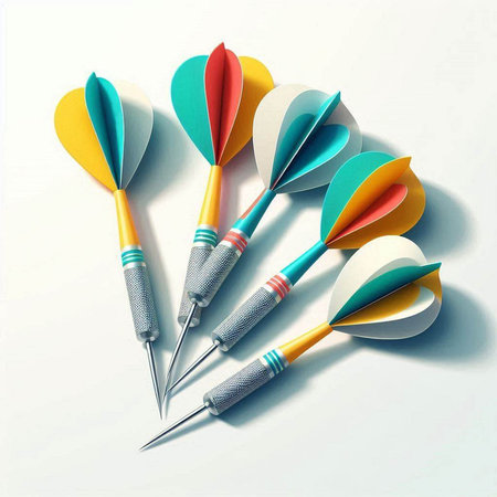 Colorful darts on white background. 3d illustration. Top view.