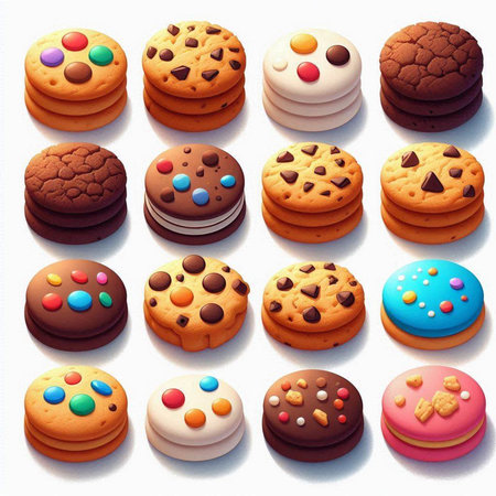 Illustration of a set of colorful cookies on a white background.