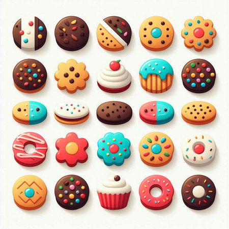 Cupcakes and donuts with icing and sprinkles. Vector illustration.