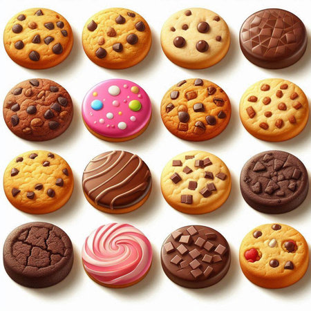 collection of chocolate cookies on a white background, top view, close-up