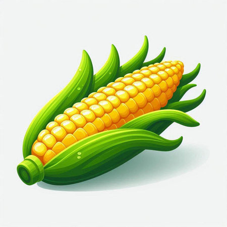 Illustration of a corn cob with leaves on a white background.