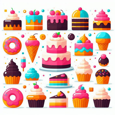 Set of sweet desserts. Cakes and cupcakes. Vector illustration in flat style