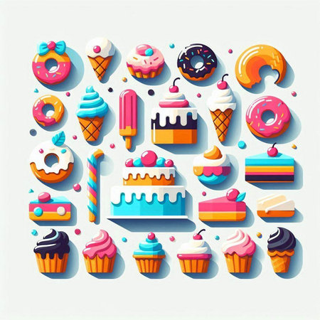 Vector illustration of sweet desserts in flat style. Cakes, donuts, cupcake, ice cream, donut.
