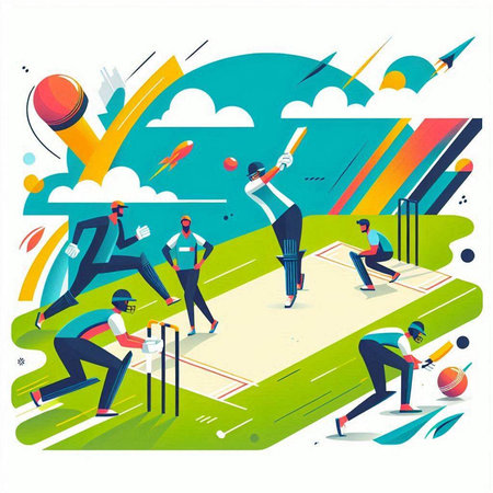 Cricket players playing cricket on field. Vector illustration in flat style