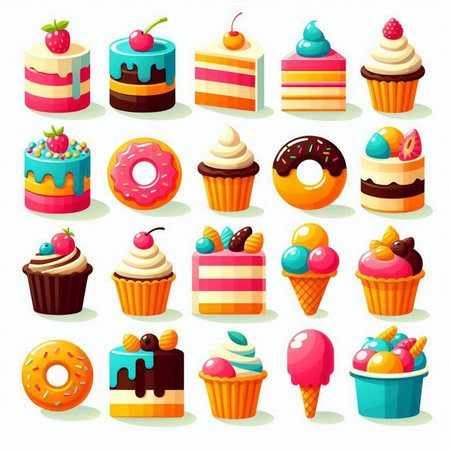 Set of cupcakes, cakes, muffins, donuts, ice cream, desserts, vector illustration.
