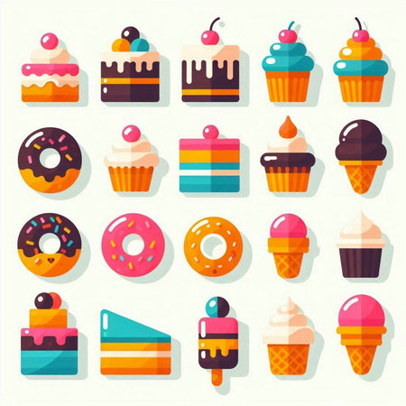 Cupcake and ice cream flat icons set. Vector illustration.