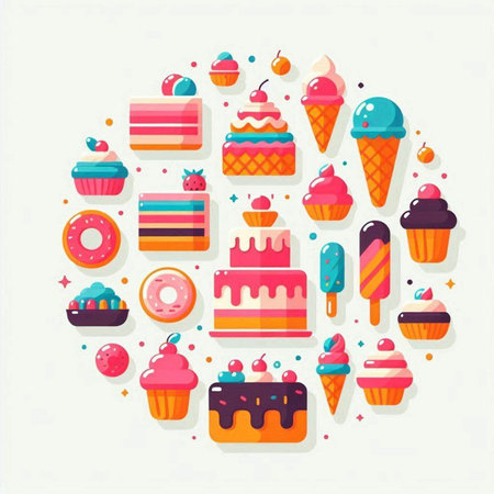 Cupcake and ice cream round icons set. Vector illustration.