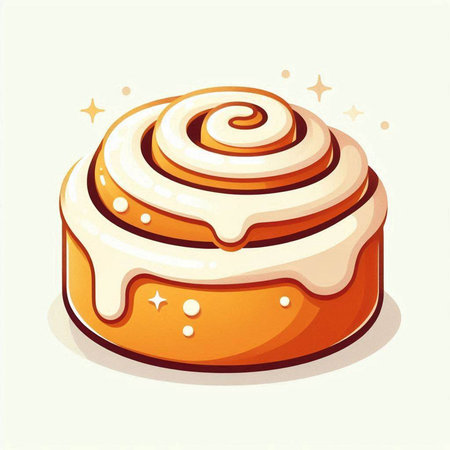 Illustration of a cinnamon roll with icing and stars on a white background