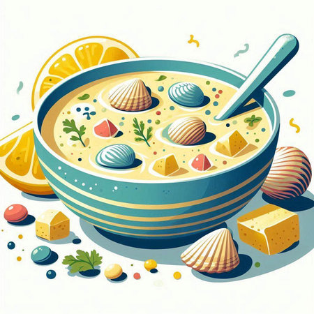 Cream soup with clams, lemon and spices. Vector illustrationの写真素材