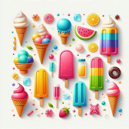 Colorful ice creams and candies on white background. Vector illustration.