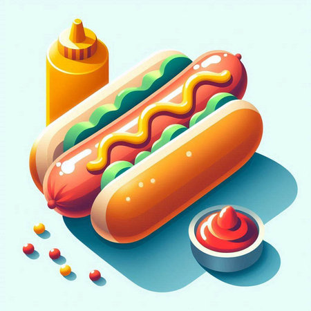Hot dog with mustard, ketchup and mayonnaise. Vector illustration.の写真素材