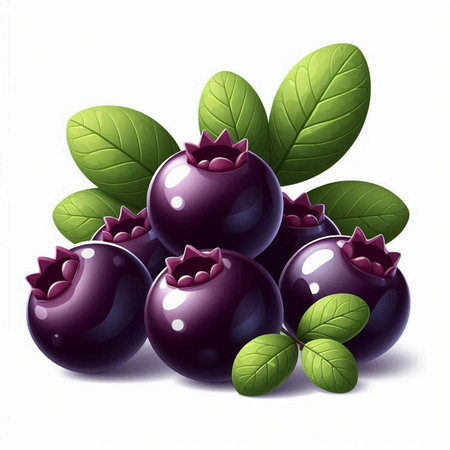 Blueberry with green leaves on a white background. Vector illustration.