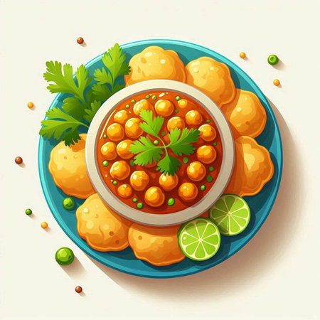 Illustration of a bowl of chickpeas with sauce and lime