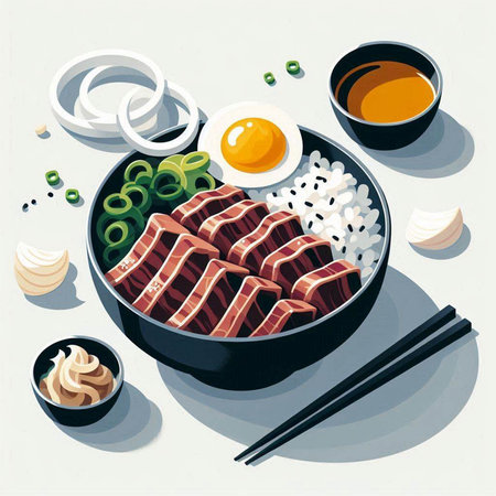 Bibimbap japanese food vector illustration. Top view.