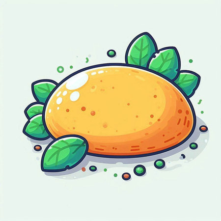 Mango fruit with leaves on white background. Vector cartoon illustration.の写真素材