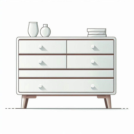 Illustration of a white chest of drawers on a white background
