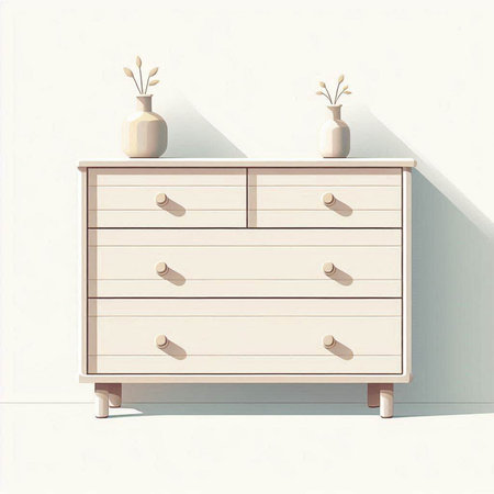 Illustration of wooden chest of drawers with vases on the wall