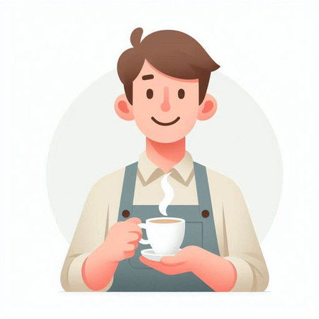 Coffee shop worker holding a cup of coffee. Vector illustration in cartoon style