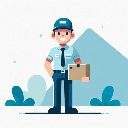Vector illustration of delivery man in uniform and cap holding parcel box.