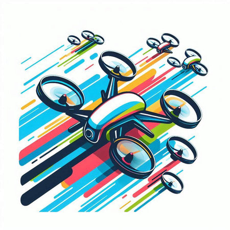 Quadcopter drone with digital camera flying on colorful background. Vector illustration.の写真素材