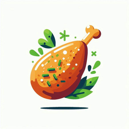 Illustration of a whole fried chicken with green leaves on a white backgroundの写真素材