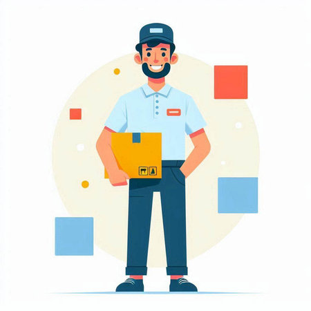 Delivery man holding parcel box. Delivery service concept. Vector illustration.の写真素材