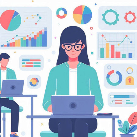 Businesswoman working on laptop in office. Vector illustration in flat style