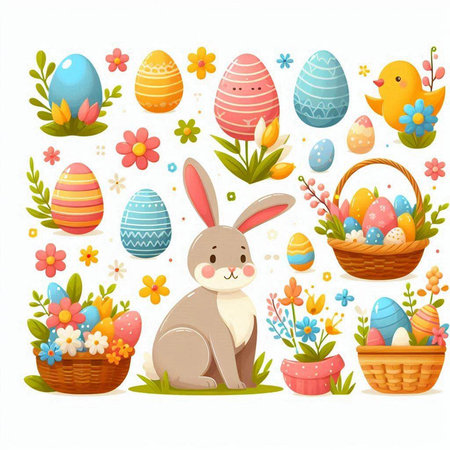 Happy Easter greeting card with cute bunny, eggs and flowers. Vector illustration.