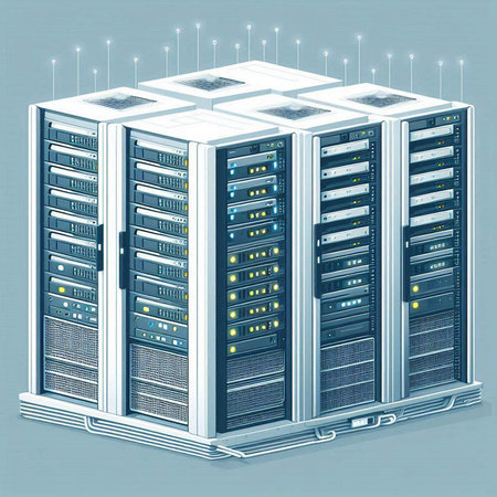 Data center with servers in the data center. 3d vector illustration.