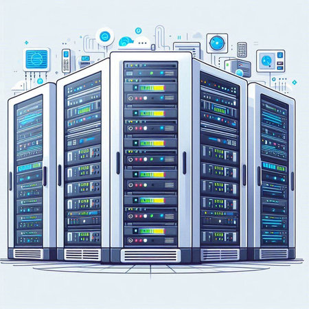 Data center with servers. Vector illustration in blue and white colors.