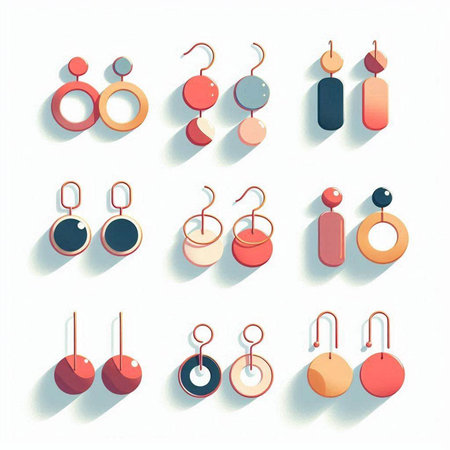 Illustration of a set of different color earrings on a white background