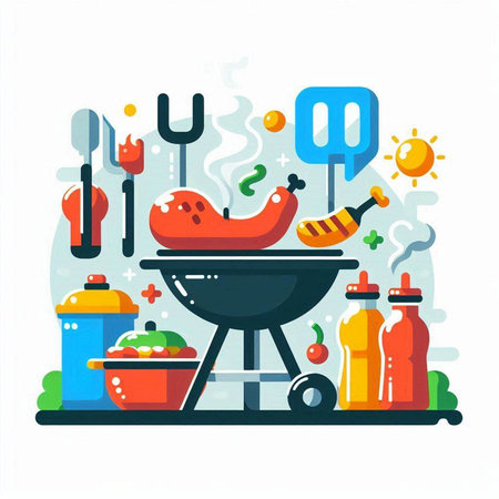 Barbecue party vector illustration in flat style. Barbecue grill with meat, sausages and vegetables.の写真素材