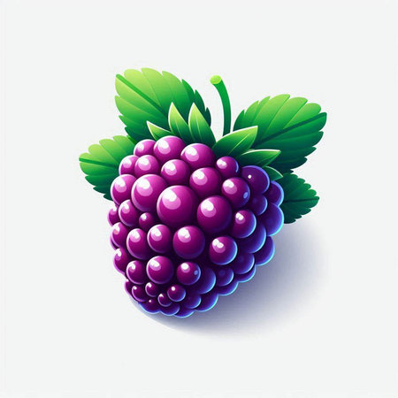 Illustration of a blackberry with leaves on a white background.