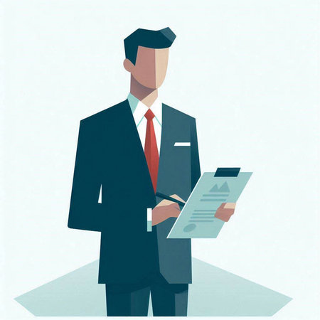 Businessman with clipboard and pen. Vector illustration in flat style.の写真素材