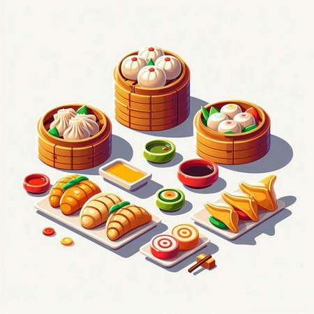 Chinese cuisine isometric icons set with dim sum and dumplings isolated vector illustrationの写真素材