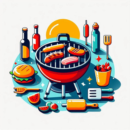 Barbecue party vector illustration in cartoon style. Barbeque grill with hot dogs, vegetables and burgers.の写真素材