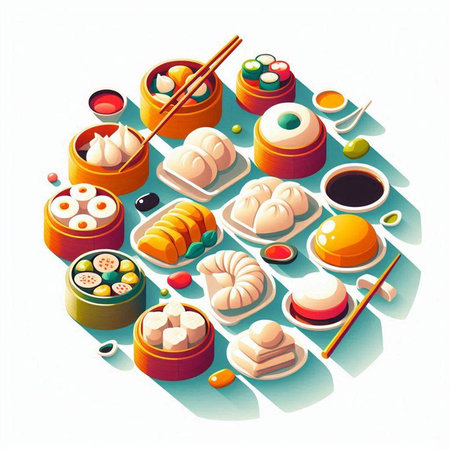 Illustration of a set of japanese food on a white backgroundの写真素材