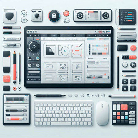 Flat design modern office desktop with laptop, tablet pc, mobile phone, keyboard, mouse and other...