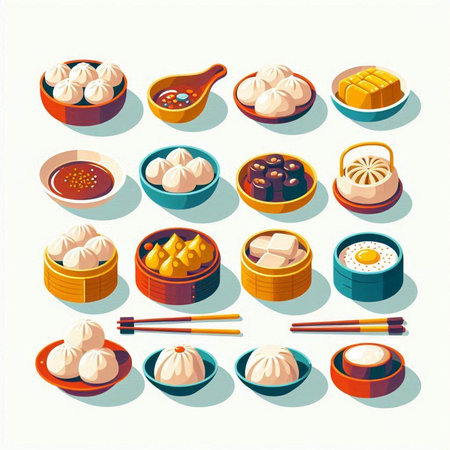 Chinese steamed dumplings and dim sum icons set in flat styleの写真素材