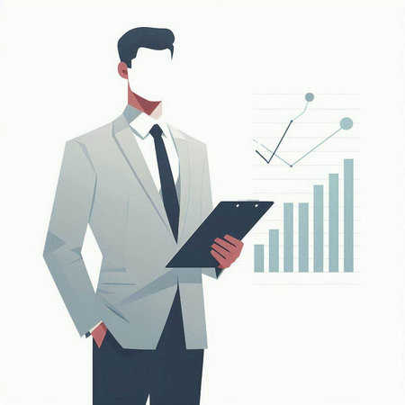 Businessman with clipboard and chart. Vector illustration in flat style.の写真素材