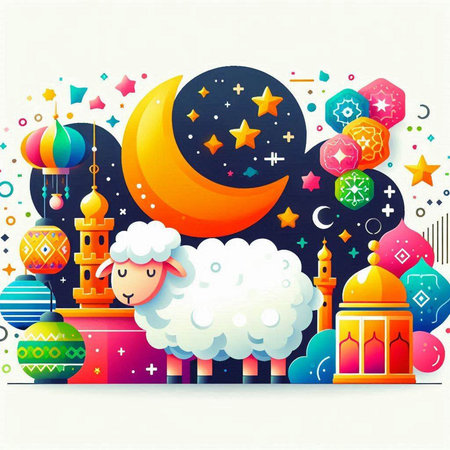 Ramadan Kareem Greeting Card with Cute Sheep and Moonの写真素材