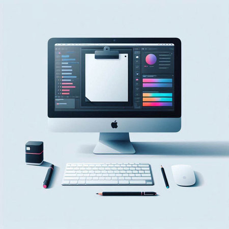 Designer desktop with computer, mouse, notebook and pen. Vector illustration