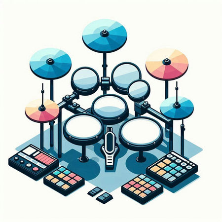 Drum kit and accessories on a white background. Vector illustration.
