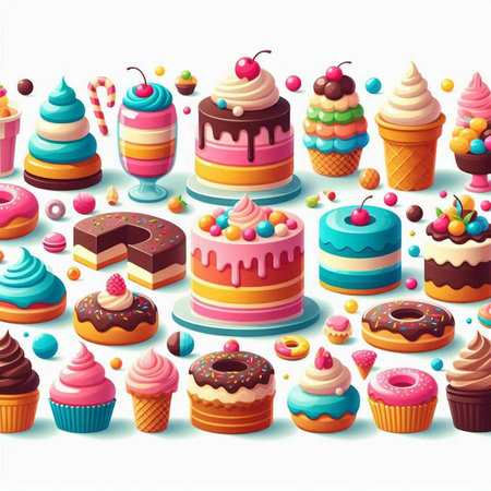 Seamless pattern with colorful cakes and cupcakes. Vector illustration