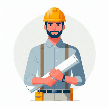Architect or engineer in helmet with plans. Vector illustration in flat styleの写真素材