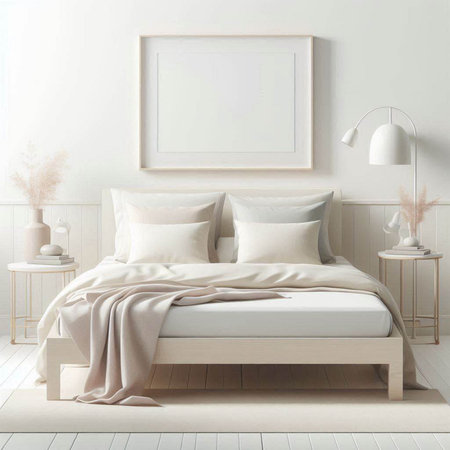 Mock up poster frame in bedroom interior background, 3d render