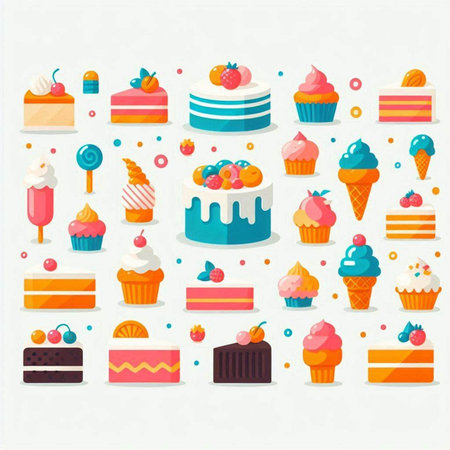 Cake and ice cream icons set. Vector illustration in flat style